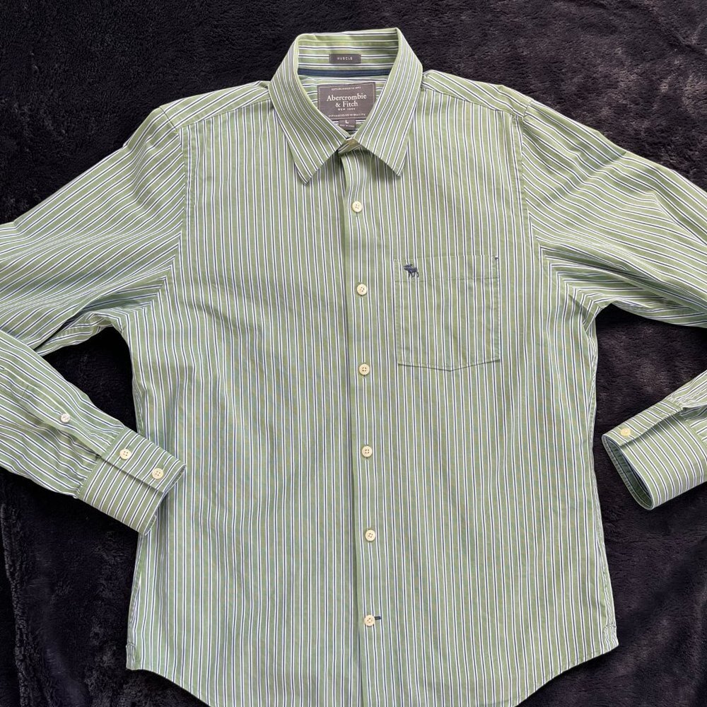 Abercrombie & Fitch Muscle Long Sleeve Button Down Shirt Green w/Blue Stripes L